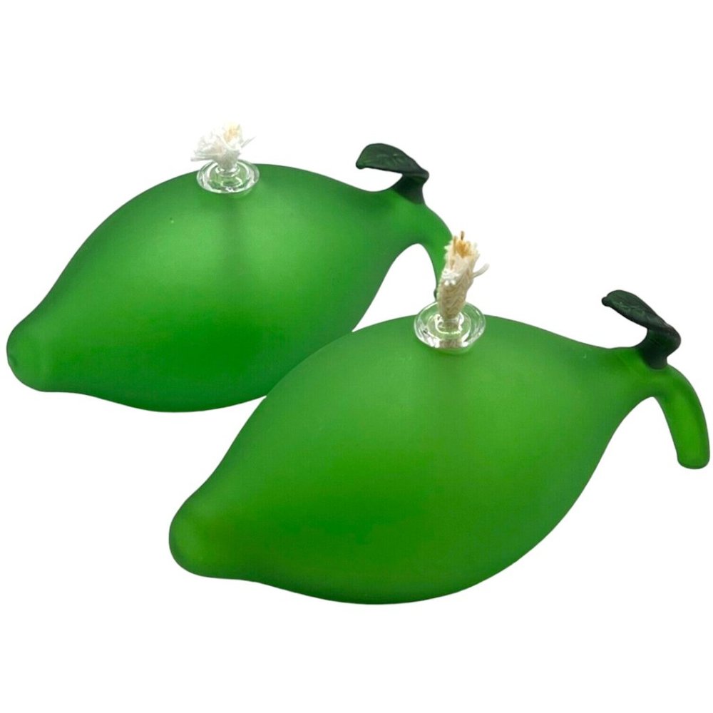 NIB: Pair of rare vintage hand-blown glass OIL LAMPS, shaped as limes with leaf